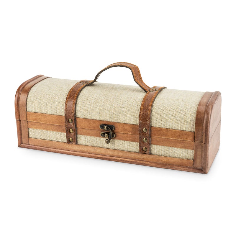 Twine Vintage Trunk Wine Bottle Gift Box, Wood Wine Box with Lid and Handle, Wood, Faux Leather, Brass, Cloth, Holds 1 Bottle - Image 1